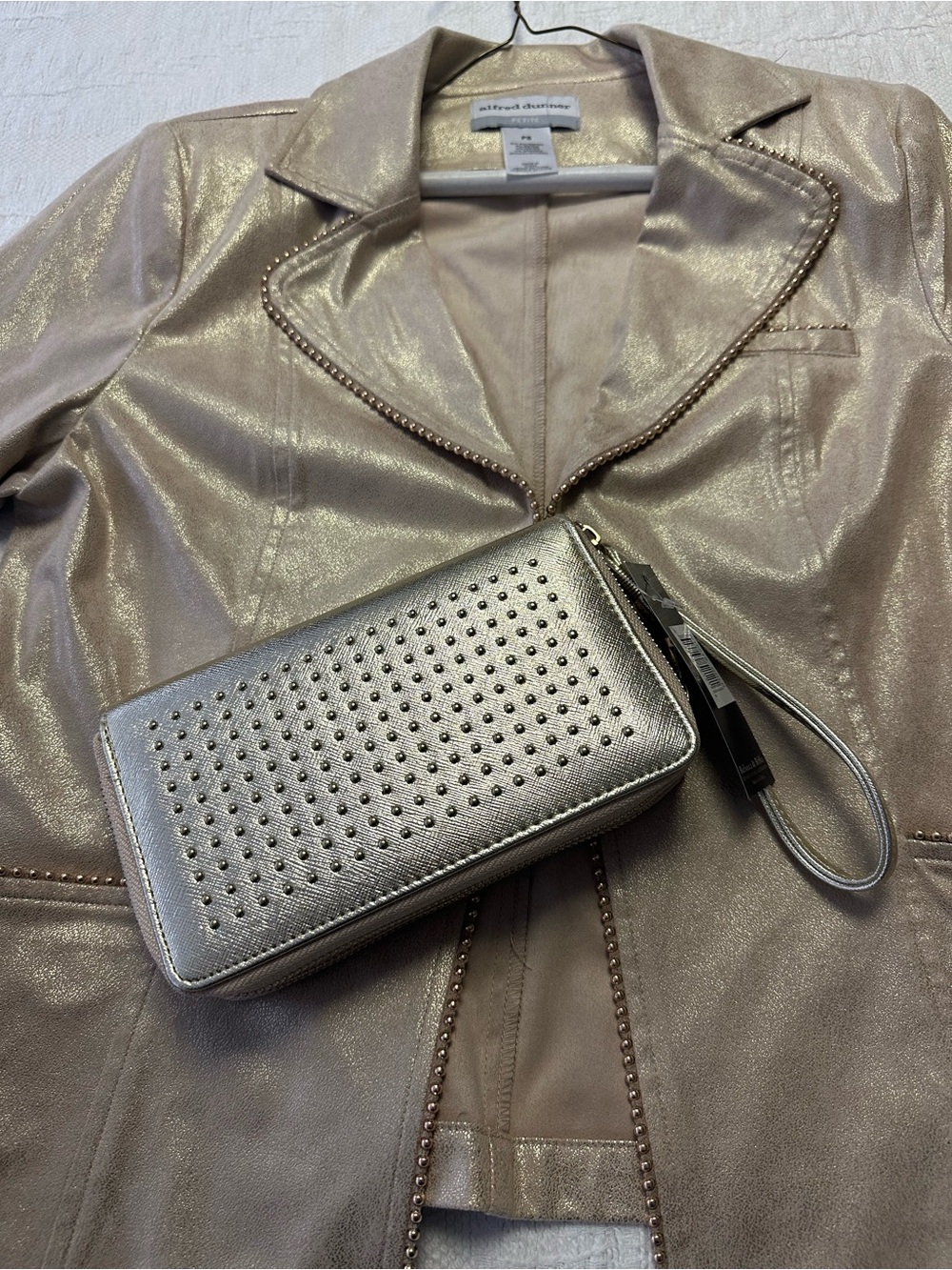 Alfred Dunner Metallic Taupe Leather-Look Blazer Jacket 
With purse